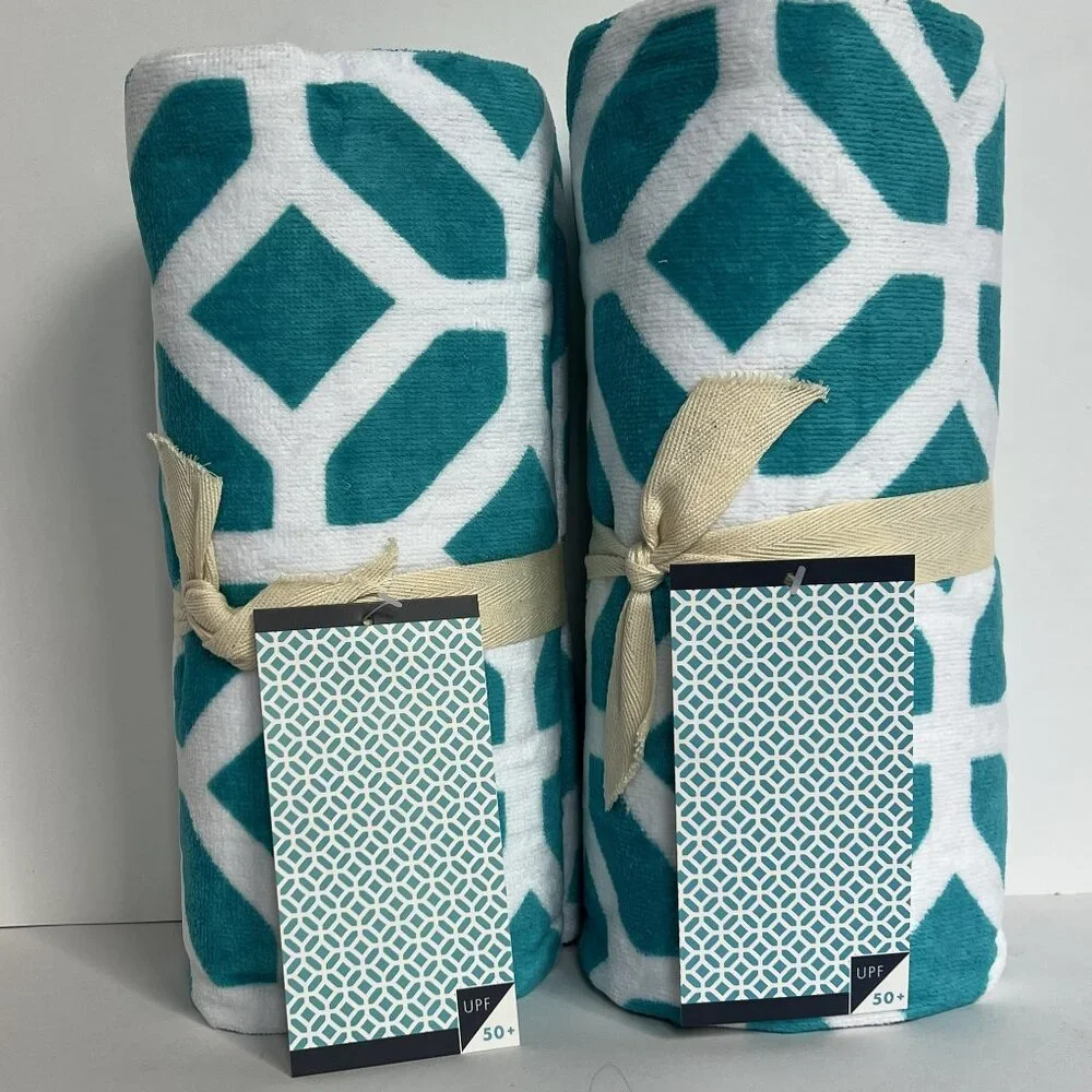 POTTERY BARN TEEN Set of 2 Peyton Beach Towels Teal/White/Navy NEW NWT PB TEEN